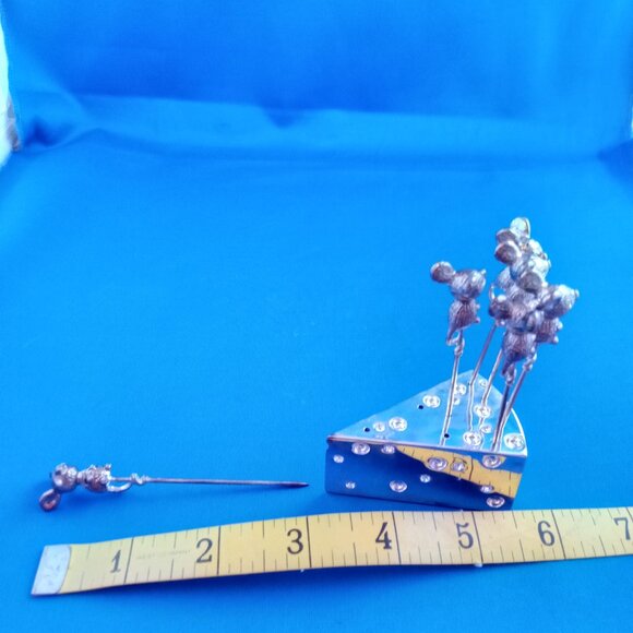 vtg set 6 mouse cheese picks and silverplate holder with crystals charcuterie - Picture 2 of 11